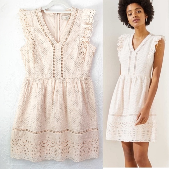 Loft Eyelet Lace Ruffle Sleeve Dress Blush Pink Sz M